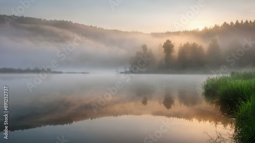 morning mist over the river, High-definition and clear images of rivers, fogs and landscapes