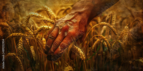 Gritty Grain of Prosperity: A calloused hand gripping a wheat stalk, surrounded by lush fields. photo