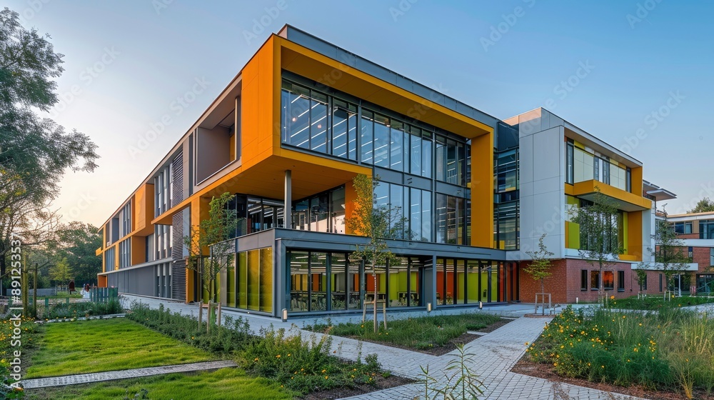 A school with a facade that incorporates natural ventilation and solar shading, promoting sustainability in educational architecture.