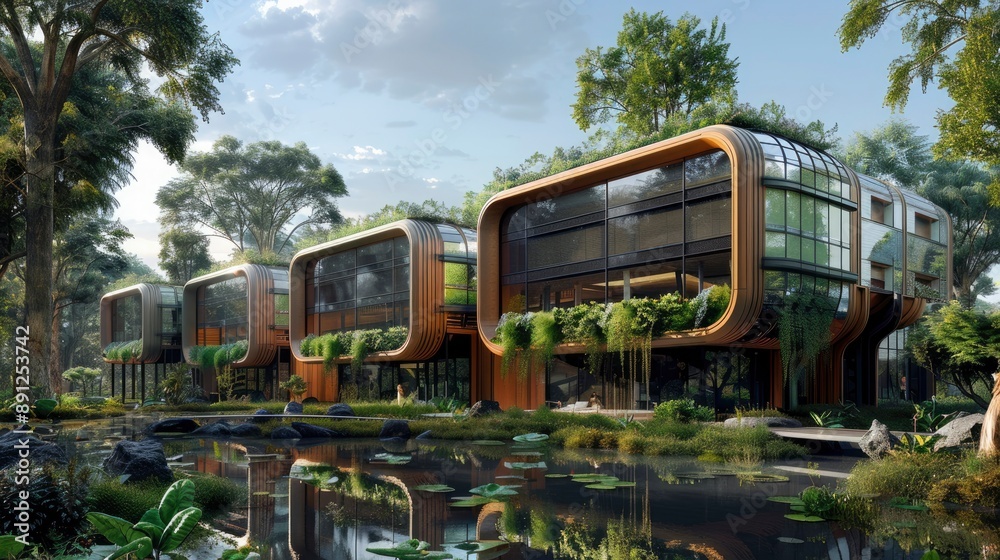 Naklejka premium A corporate campus with a facade that incorporates natural ventilation systems and solar panels, promoting eco-friendly design in business environments.