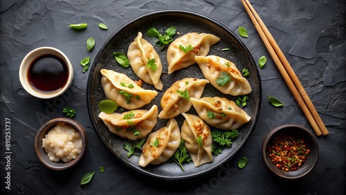 Steamed dumplings gyoza momos on dark background with sauces and chopsticks