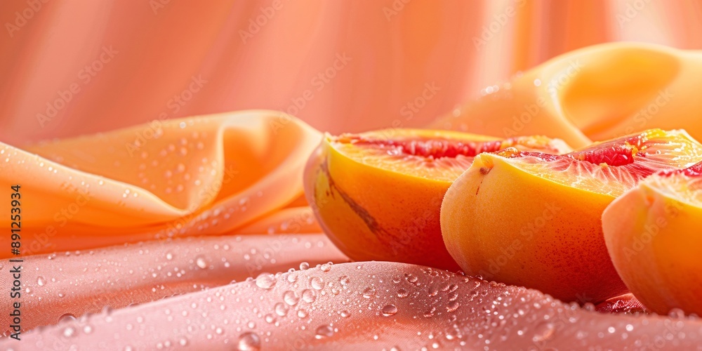 Close-up of fresh peaches on a pink surface. Close-up of fresh peaches on a pink surface.