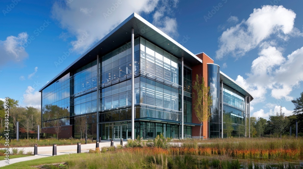 Fototapeta premium A research laboratory with a facade designed to maximize energy efficiency and minimize environmental impact, reflecting a commitment to green building practices.