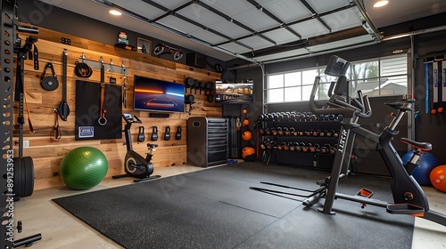Smart home garage gym with connected fitness equipment, virtual training programs, workout mats, exercise balls, resistance bands, and fitness accessories