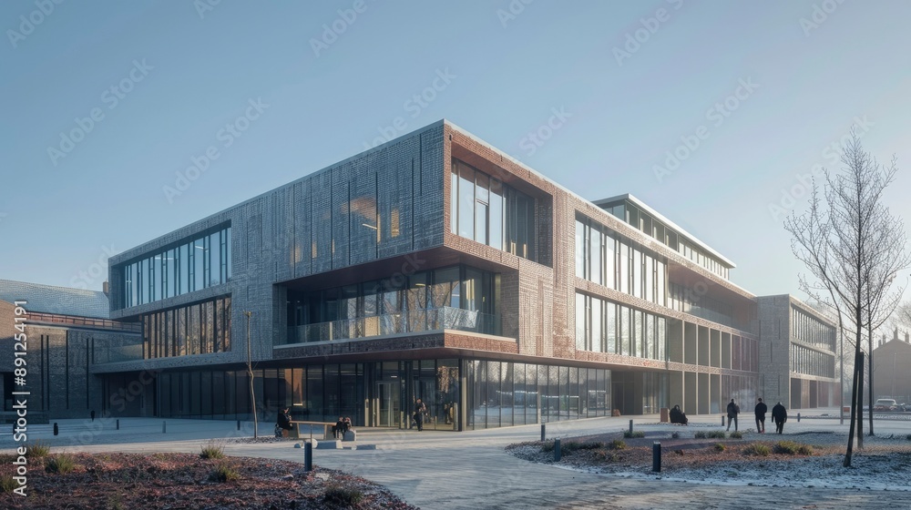 A university building with a facade that uses advanced materials to reduce energy consumption and enhance natural lighting, promoting sustainable practices in education. A university building with a facade that uses advanced materials to reduce energy consumption and enhance natural lighting, promoting sustainable practices in education.