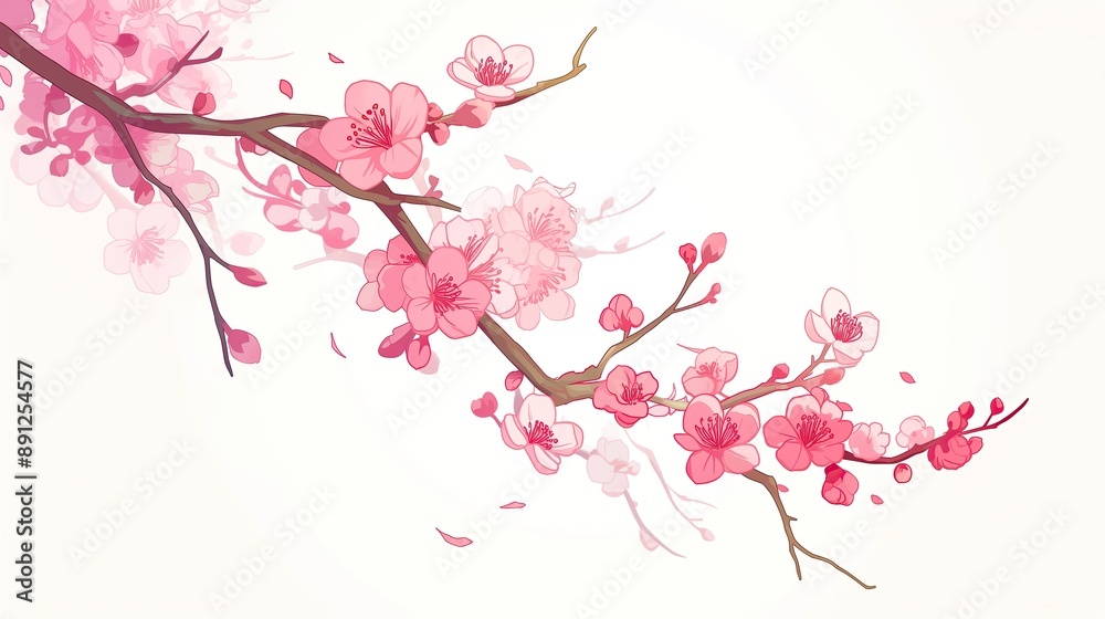 Fototapeta premium Pink flowers, pink cherry blossoms, simple lines, white background, vector illustration style, flat design, hand drawn cartoon line drawing, generated AI