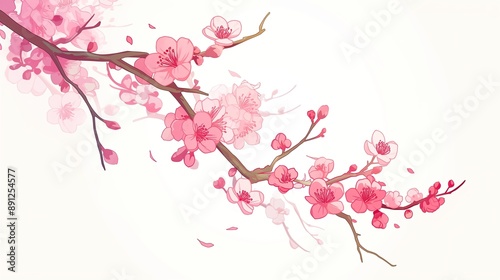 Pink flowers, pink cherry blossoms, simple lines, white background, vector illustration style, flat design, hand drawn cartoon line drawing, generated AI