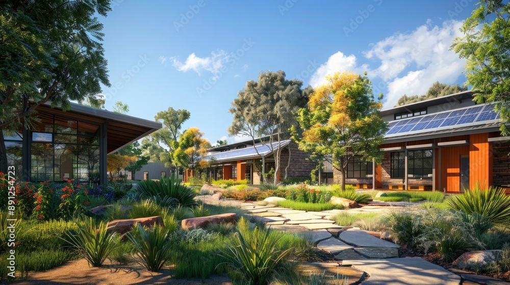 A community center with a facade featuring solar panels and natural materials, emphasizing the role of sustainability in communal spaces. A community center with a facade featuring solar panels and natural materials, emphasizing the role of sustainability in communal spaces.