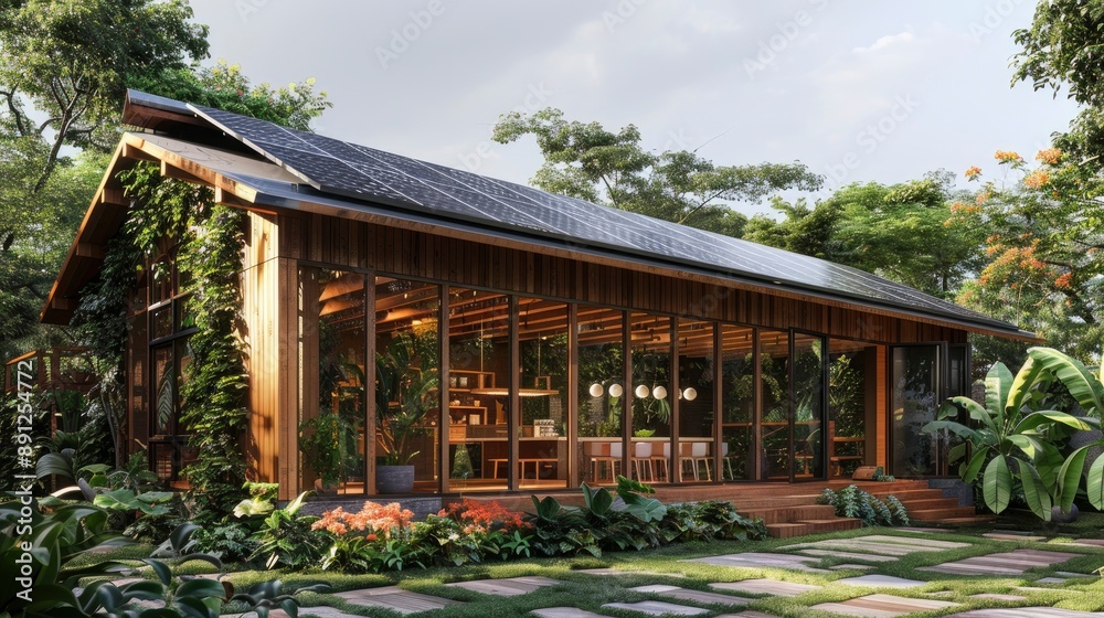 A community center with a facade featuring solar panels and natural materials, emphasizing the role of sustainability in communal spaces.