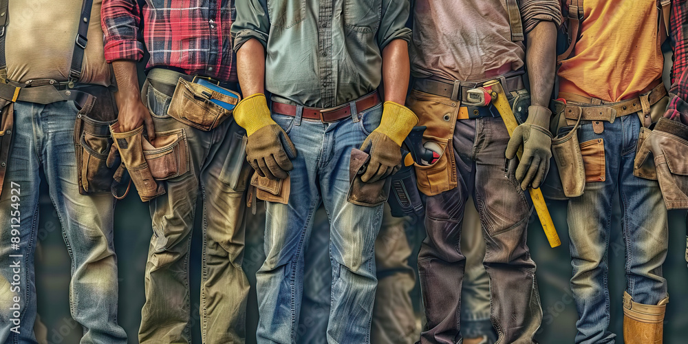 Solidarity of the American Workforce: A diverse group of individuals standing shoulder to shoulder, their work gear and tools on display.
