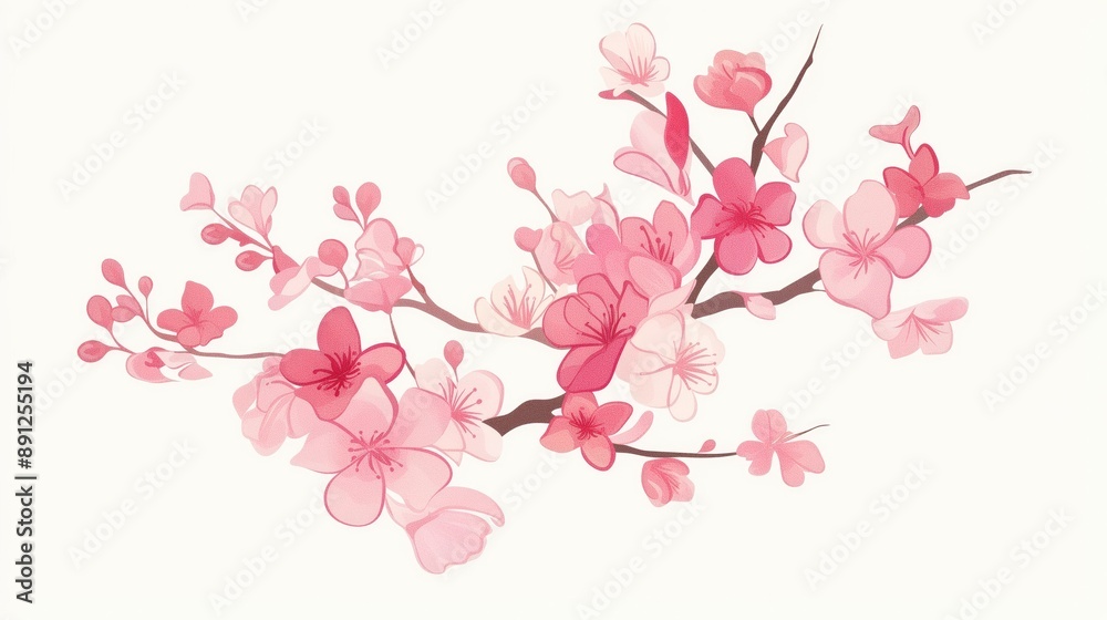 Naklejka premium Pink flowers, pink cherry blossoms, simple lines, white background, vector illustration style, flat design, hand drawn cartoon line drawing, generated AI