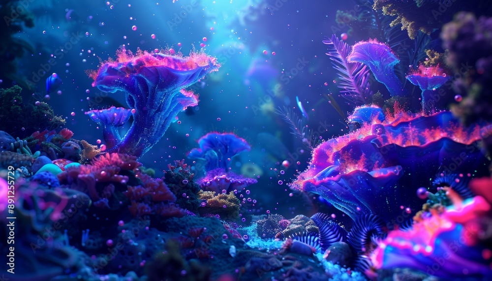 Vivid Underwater Realm with Neon Colors and Surreal Plant-Like Fantastical Organisms Vivid Underwater Realm with Neon Colors and Surreal Plant-Like Fantastical Organisms
