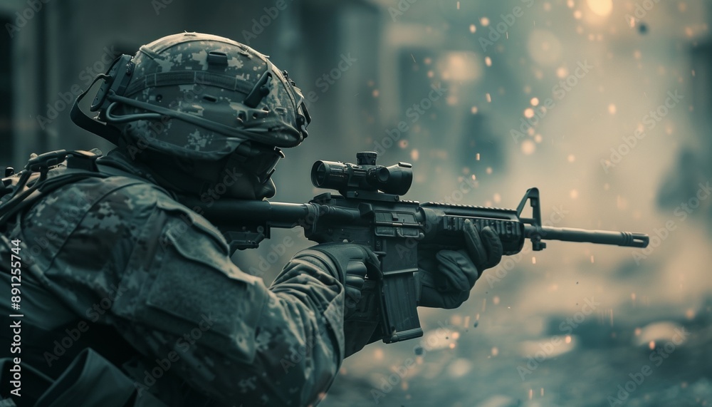 Soldier in Combat Gear Aiming Rifle with Precision During Urban Military Operation, Anti-Terrorism Concept Soldier in Combat Gear Aiming Rifle with Precision During Urban Military Operation, Anti-Terrorism Concept