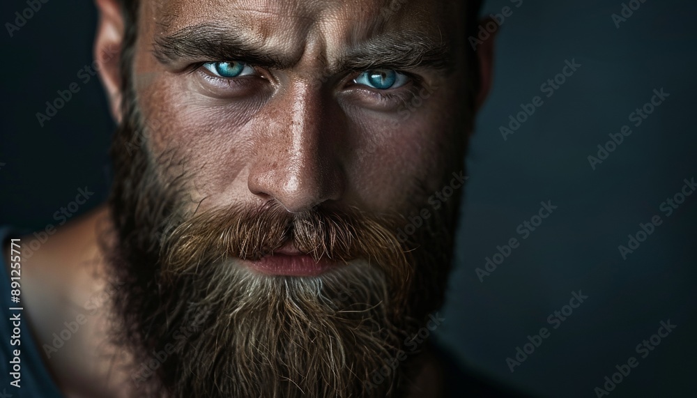 Obraz premium Close-Up Portrait of Handsome Bearded Man on Dark Background, Copy Space