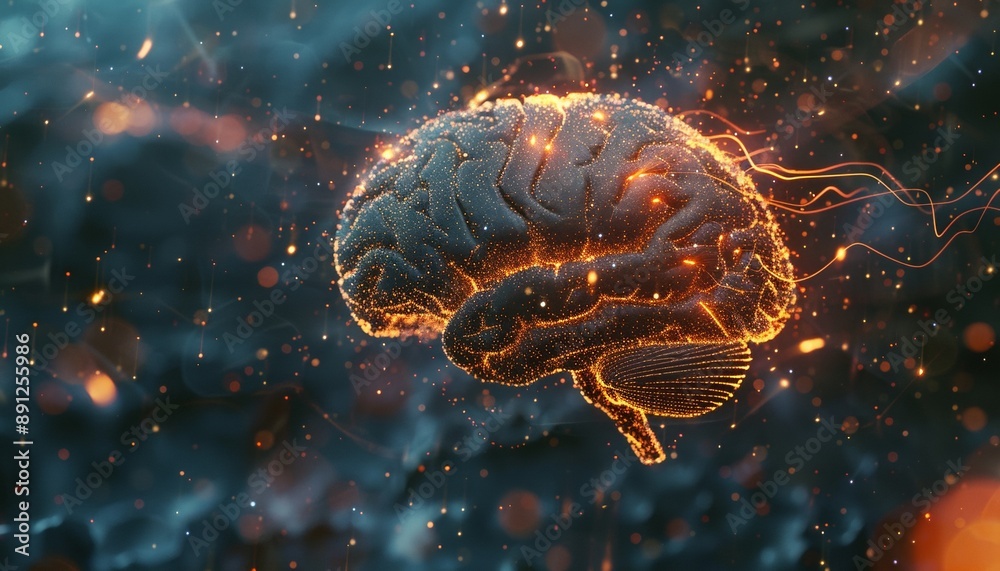 Digital Rendering of Brain with Neural Network Pattern and Glowing Particles Digital Rendering of Brain with Neural Network Pattern and Glowing Particles