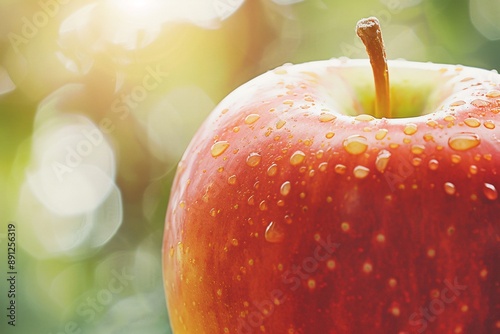 Macro shot of apple. Water drops on apple. Close up photo of apple. photo