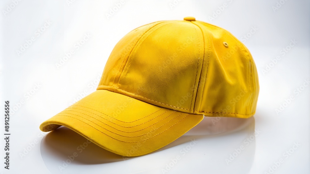 Fototapeta premium Yellow baseball cap lying on white background
