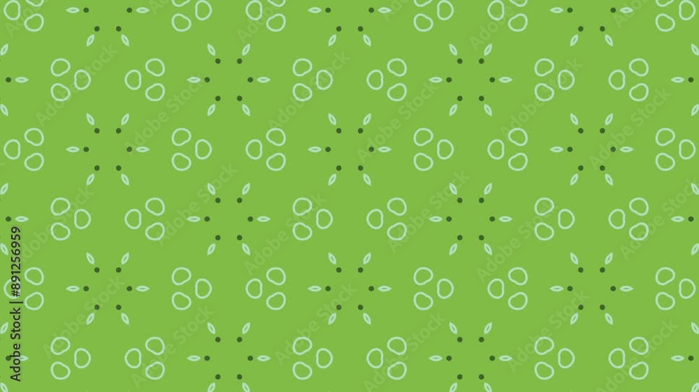 Seamless loop animation of green background with repeating pattern of white floral and geometric shapes, Ideas for backgrounds, presentations