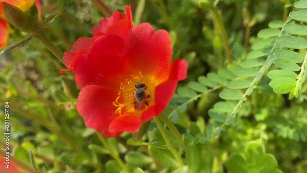 Bee, Flying on Flowers. closeup view. purple violet daisy flowers,honey bee pollinating yellow flower Bee, Flying on Flowers. closeup view. purple violet daisy flowers,honey bee pollinating yellow flower