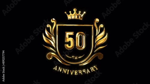 50th Anniversary Celebration. Golden 50 Years Anniversary Animation in Gold Color on the Transparent Background, Alpha Channel. Great for greetings, celebrations, events, and gifts.