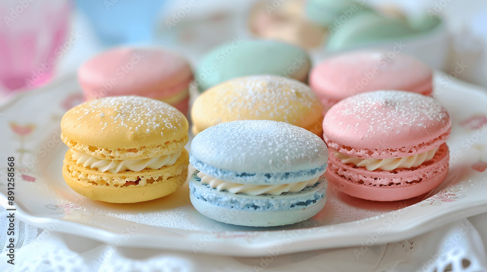 Colorful macarons in pastel shades on white plate with powdered sugar Colorful macarons in pastel shades on white plate with powdered sugar