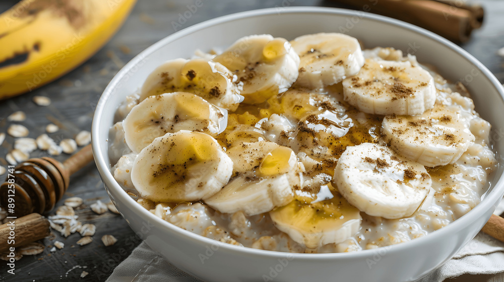 Classic oatmeal with bananas, honey, and cinnamon in white bowl Classic oatmeal with bananas, honey, and cinnamon in white bowl