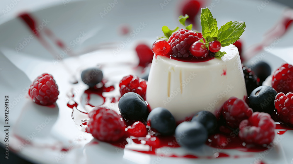 Panna cotta with fresh berries, mint, and raspberry coulis Panna cotta with fresh berries, mint, and raspberry coulis