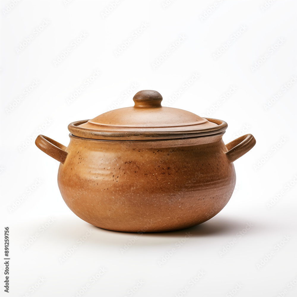 Rustic Brown Clay Pot with Lid and Handles on White Background Rustic Brown Clay Pot with Lid and Handles on White Background
