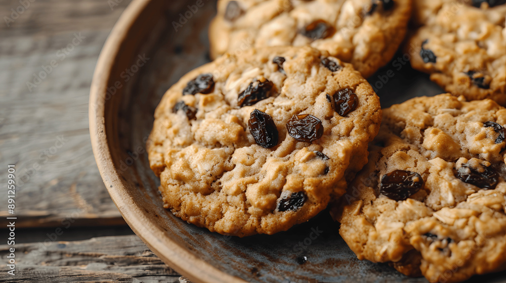 Oatmeal raisin cookies on rustic plate Oatmeal raisin cookies on rustic plate
