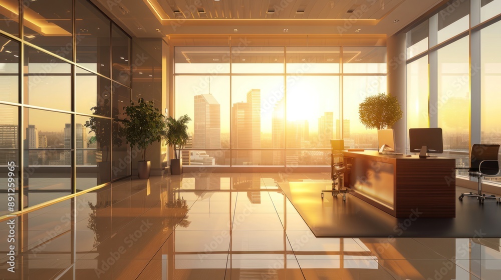 Fototapeta premium A clean and modern office interior with large windows, soft lighting