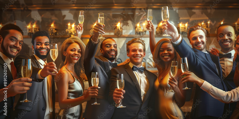 Obraz premium Golden Age of Prosperity: A group portrait of diverse people in suits and dresses, smiling and raising glasses of champagne.