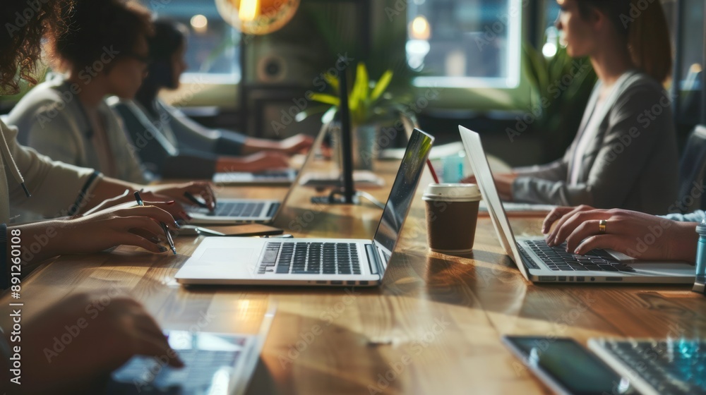 A business team working on laptops in a clean, modern workspace A business team working on laptops in a clean, modern workspace