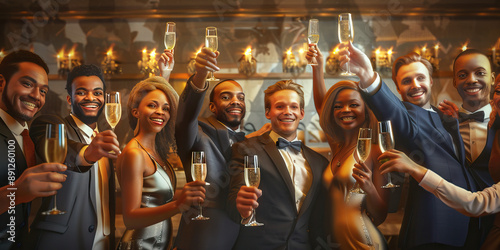 Wallpaper Mural Golden Age of Prosperity: A group portrait of diverse people in suits and dresses, smiling and raising glasses of champagne. Torontodigital.ca
