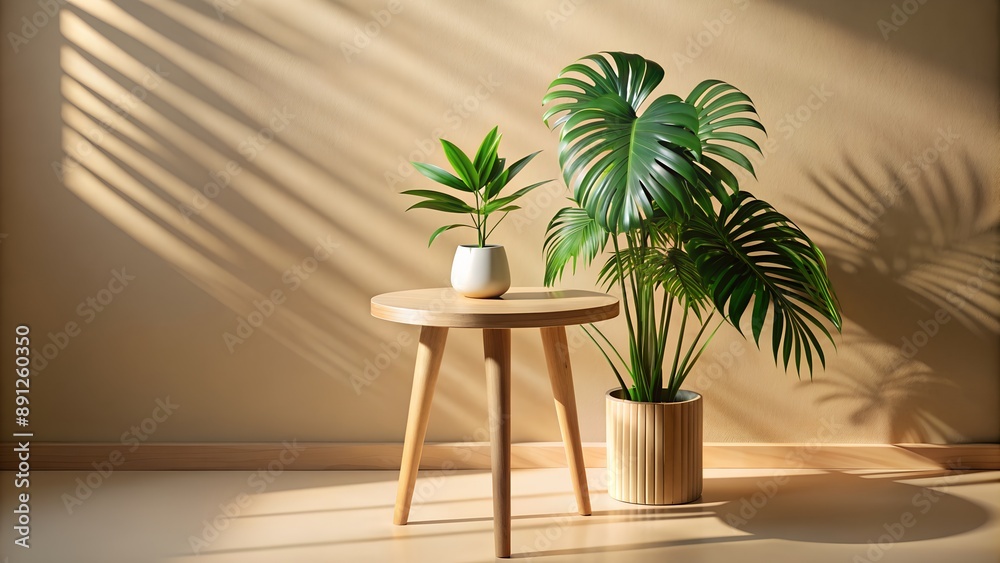 Fototapeta premium Sunlight casting shadows of houseplants on a beige wall