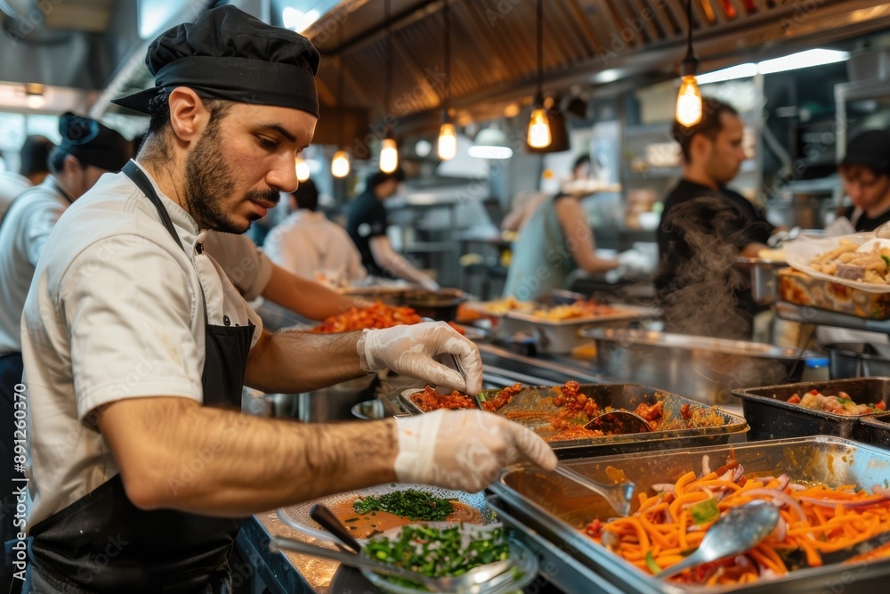 A chef, dressed in uniform, is busy preparing various dishes in a bustling restaurant kitchen, demonstrating culinary skills and teamwork in a fast-paced environment filled with vibrant meals. A chef, dressed in uniform, is busy preparing various dishes in a bustling restaurant kitchen, demonstrating culinary skills and teamwork in a fast-paced environment filled with vibrant meals.