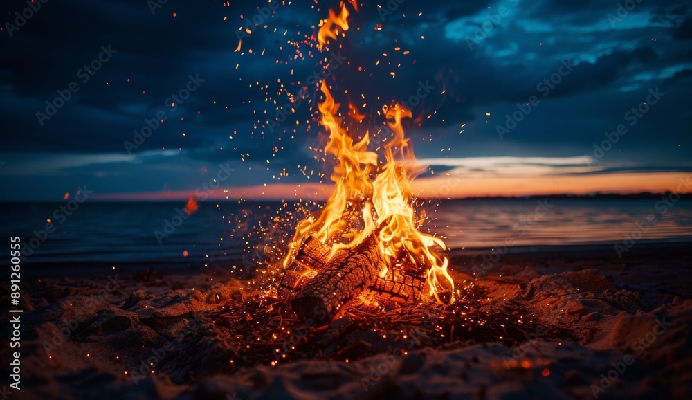 A campfire with sparks flying off of it at night. The flames create beautiful patterns in the air A campfire with sparks flying off of it at night. The flames create beautiful patterns in the air