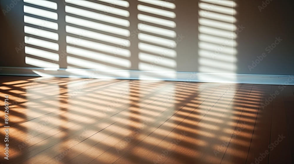 Obraz premium Sunbeams through blinds on hardwood floor.