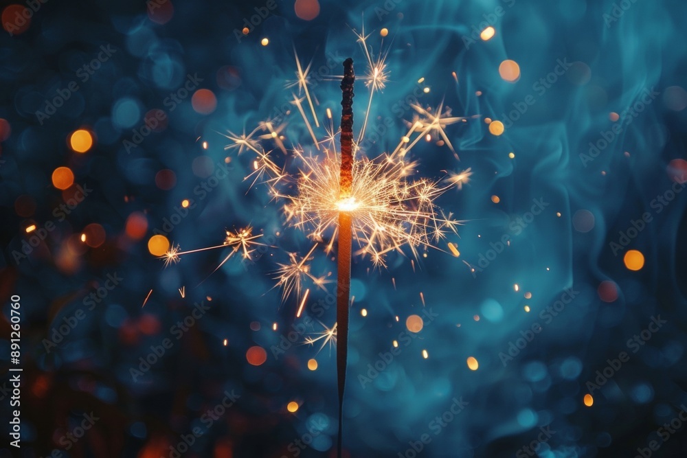 Obraz premium A closeup of a glowing sparkler set against an abstract dark blue background
