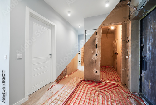 Comparison of old apartment with underfloor heating pipes and new renovated flat with doors and white walls. Photo collage of apartment before and after restoration. Home renovation concept.