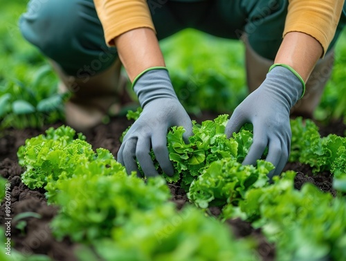 Farmers hands in rubber gloves, closeup view, harvesting salad, bright natural light, lush green field, detailed and clear