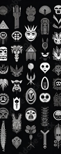 Abstract Tribal Masks and Symbols Pattern. photo