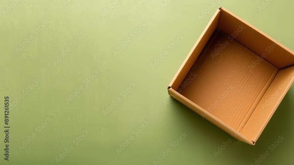 Fototapeta premium Minimalistic top view of an empty brown cardboard box on a light green background.
