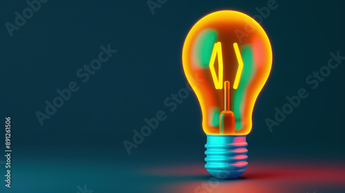 Bright light bulb shines against dark backdrop. Colorful lamp in striking closeup view.