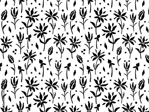 Abstract pattern with exotic flowers, black and white seamless background, vector botanical print hand-drawn