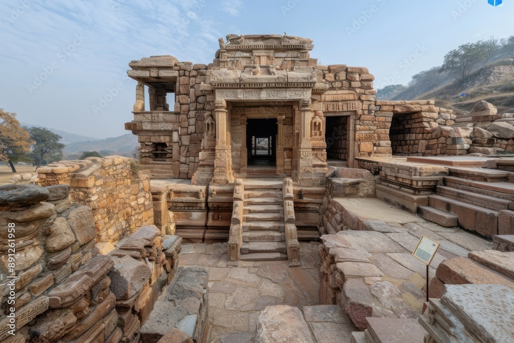 Naklejka premium Stepping into weathered stone temple ruins sited in a secluded mountain setting, this image captures the essence of solitude and historical contemplation amidst nature.