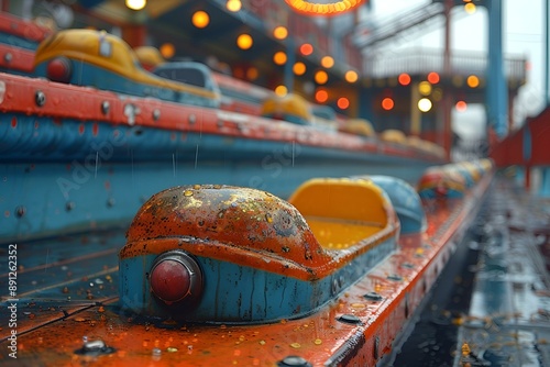 Roller coaster ride in the rain, with drops of water splashing.
