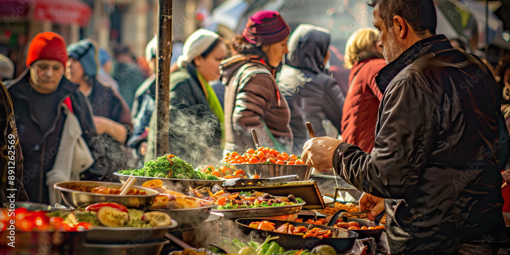 Melting Pot of Cultures: A vibrant street market, bustling with people from different backgrounds sharing food, music, and traditions. Melting Pot of Cultures: A vibrant street market, bustling with people from different backgrounds sharing food, music, and traditions.