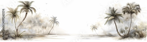 Serene watercolor painting of tropical palm trees on a sandy beach with a calm background, ideal for tranquil and nature-themed designs.