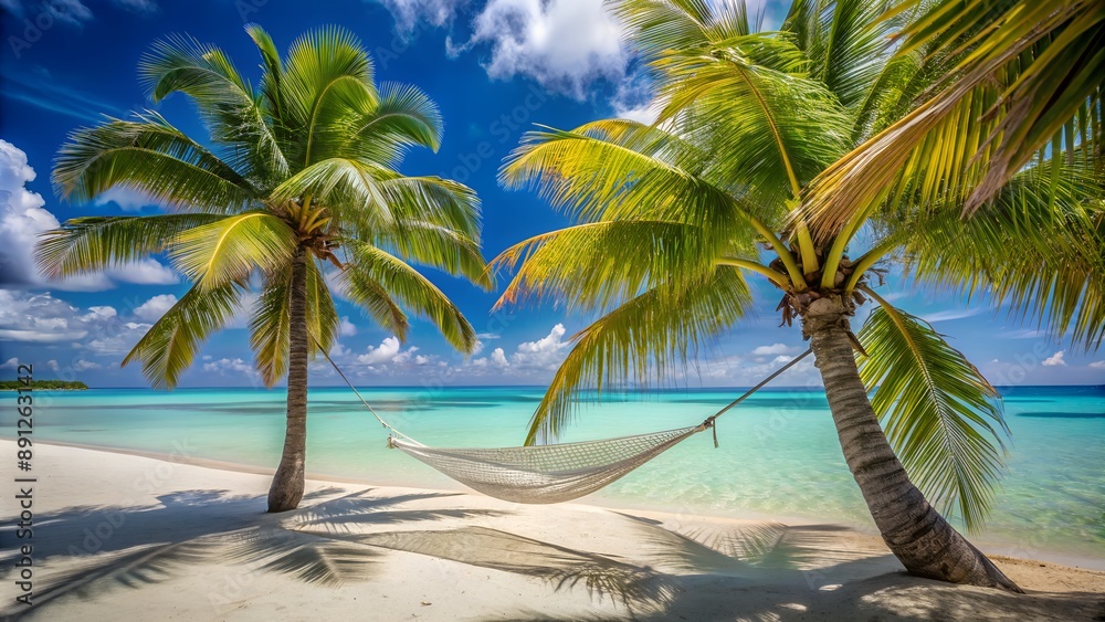 Empty hammock hanging between two palm trees on tropical beach