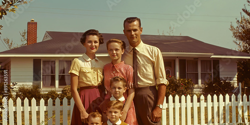 American Dream Achieved: A family of four, dressed in 1950s attire, standing in front of a modest suburban home with a white picket fence.